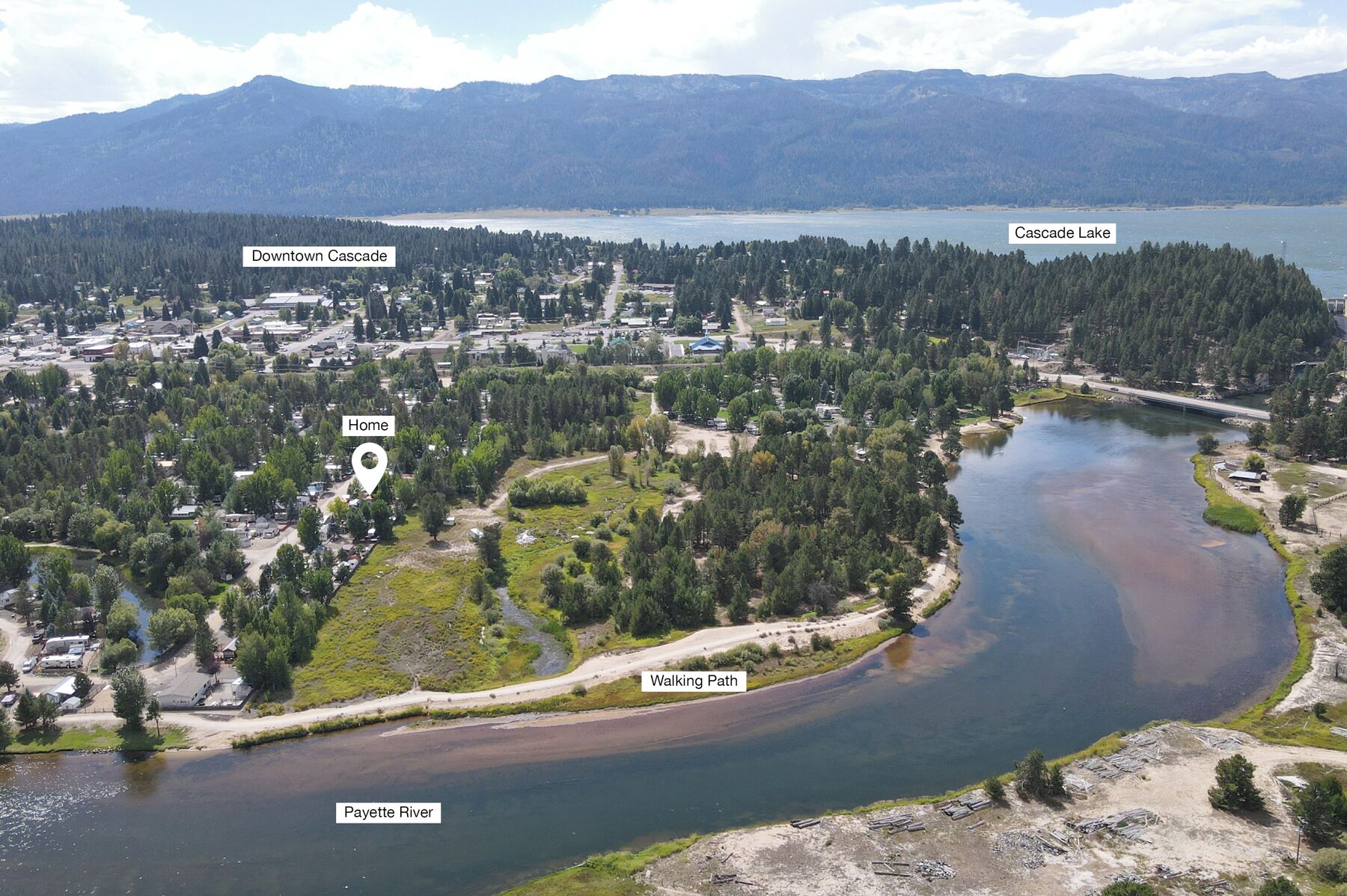 An aerial view of a town with a river, labeled 'Payette River', and a lake in the background, 'Cascade Lake'.