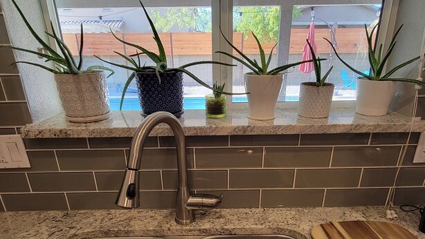 A kitchen with a double sink, granite countertop, and potted plants on the windowsill. - Spacious, FREE Private Heated Pool, Great Location! 10+ Guests & Pet Friendly (Mesa)