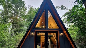 A modern, triangular wooden cabin with a glass door entrance, surrounded by dense forest.