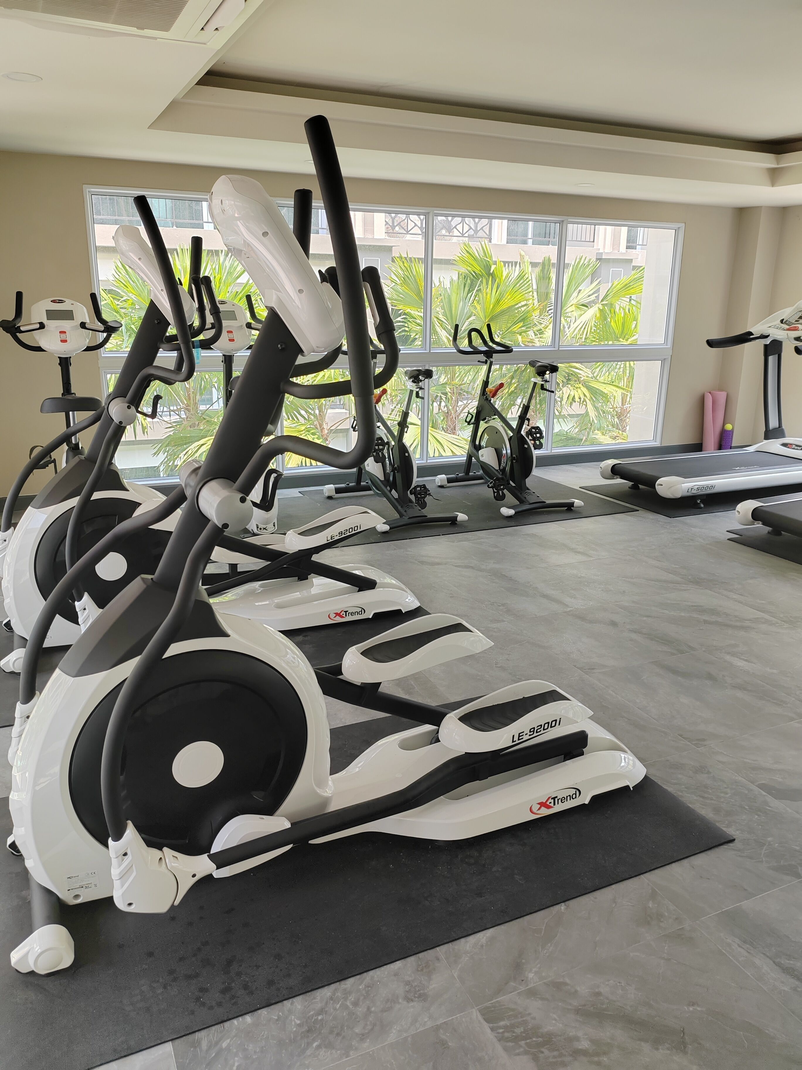 Une salle de sport équipée de vélos d’appartement et de tapis de course, de grandes fenêtres donnant sur un espace verdoyant et d’un sol carrelé.
