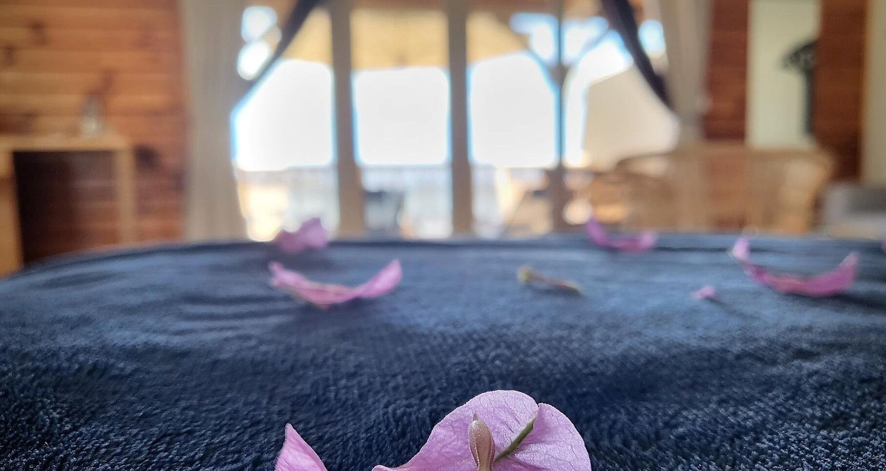 Un letto con coperta blu scuro, petali rosa sparsi e un interno in legno con una grande finestra.