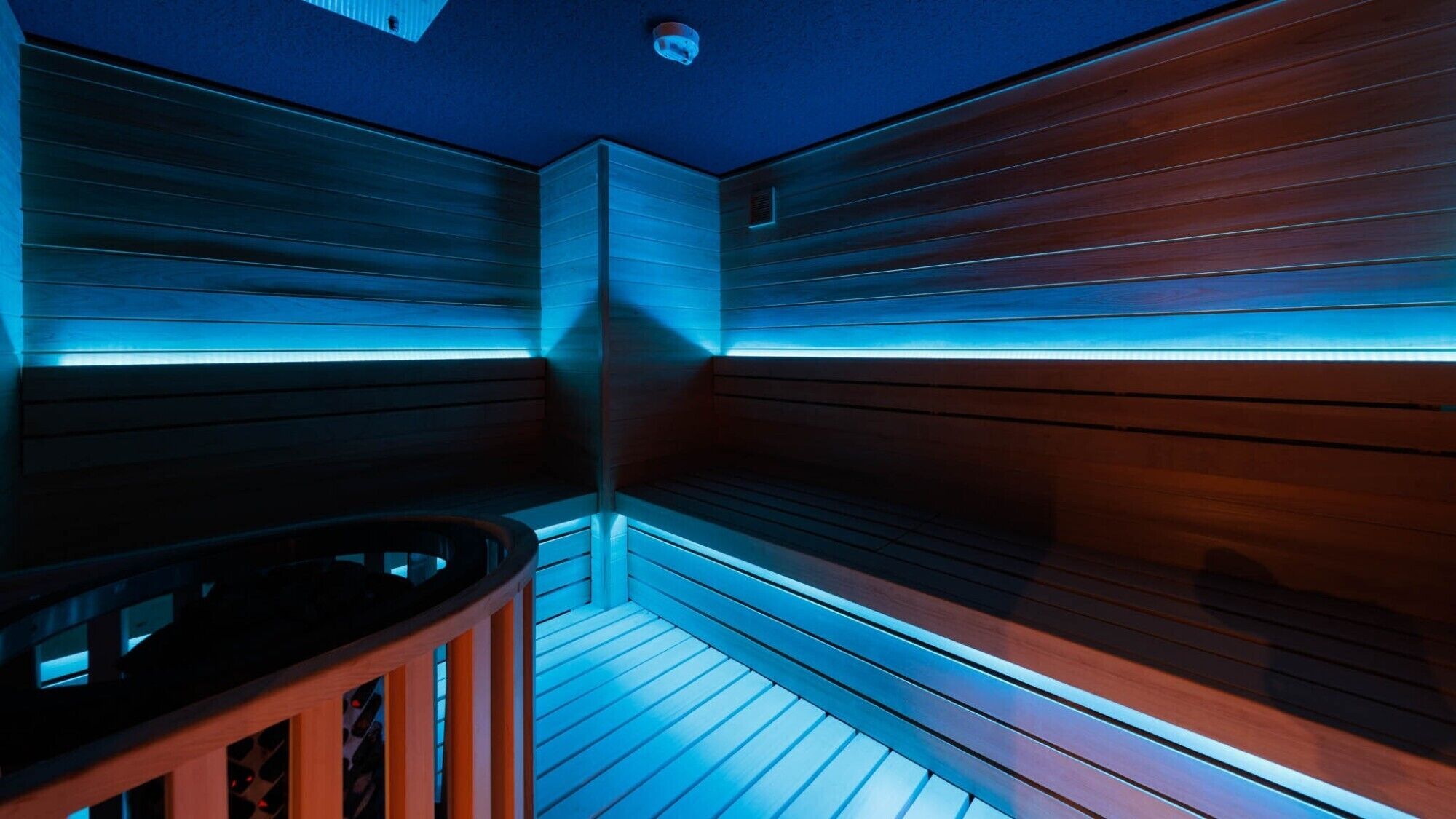 Un sauna aux murs et aux bancs en bois, éclairé par un éclairage bleu.