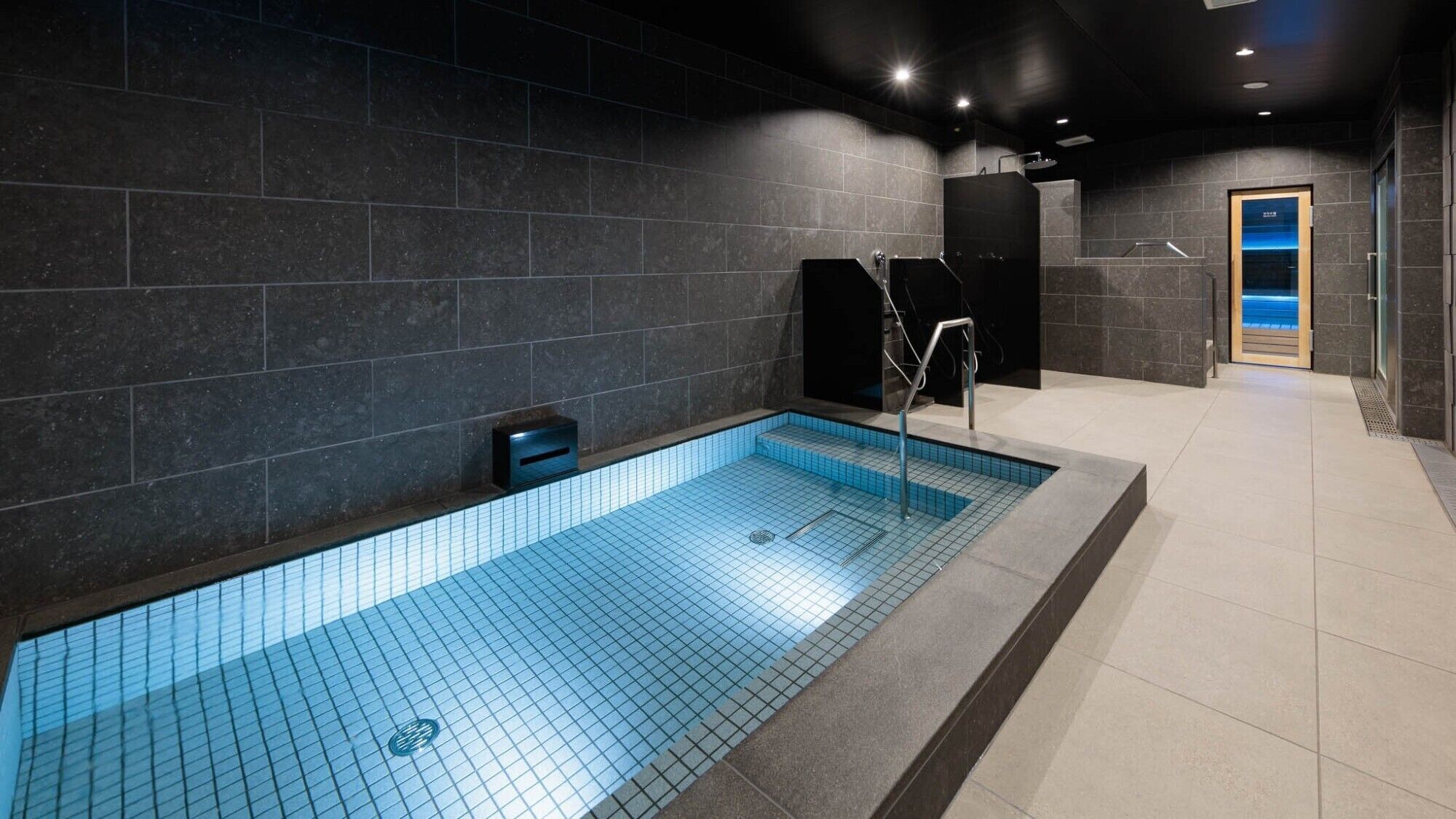 Una piscina interior moderna con paredes y piso de baldosas oscuras.