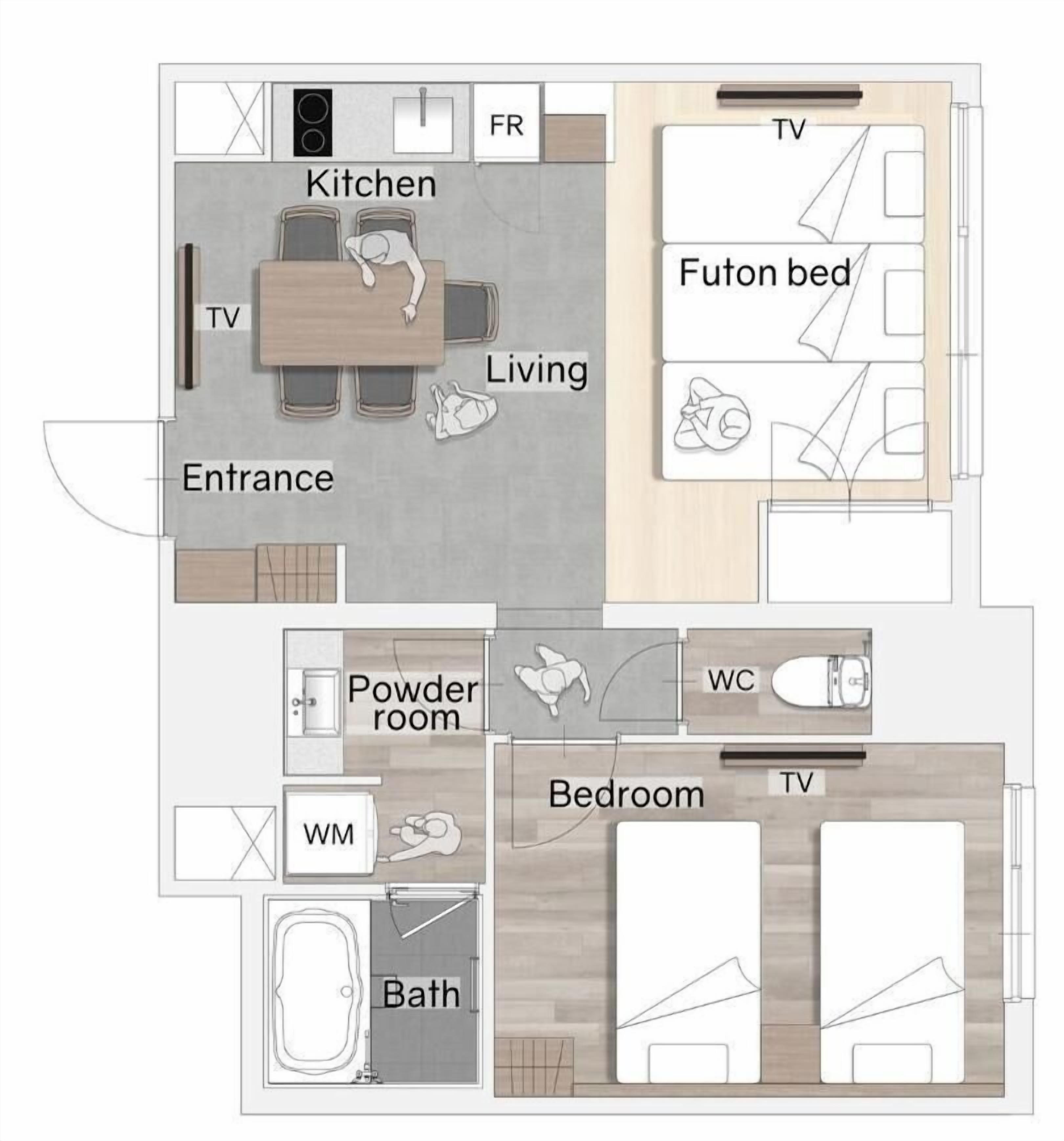 A floor plan of a modern apartment with a kitchen, living area, futon bed, powder room, WC, bedroom, and bath.