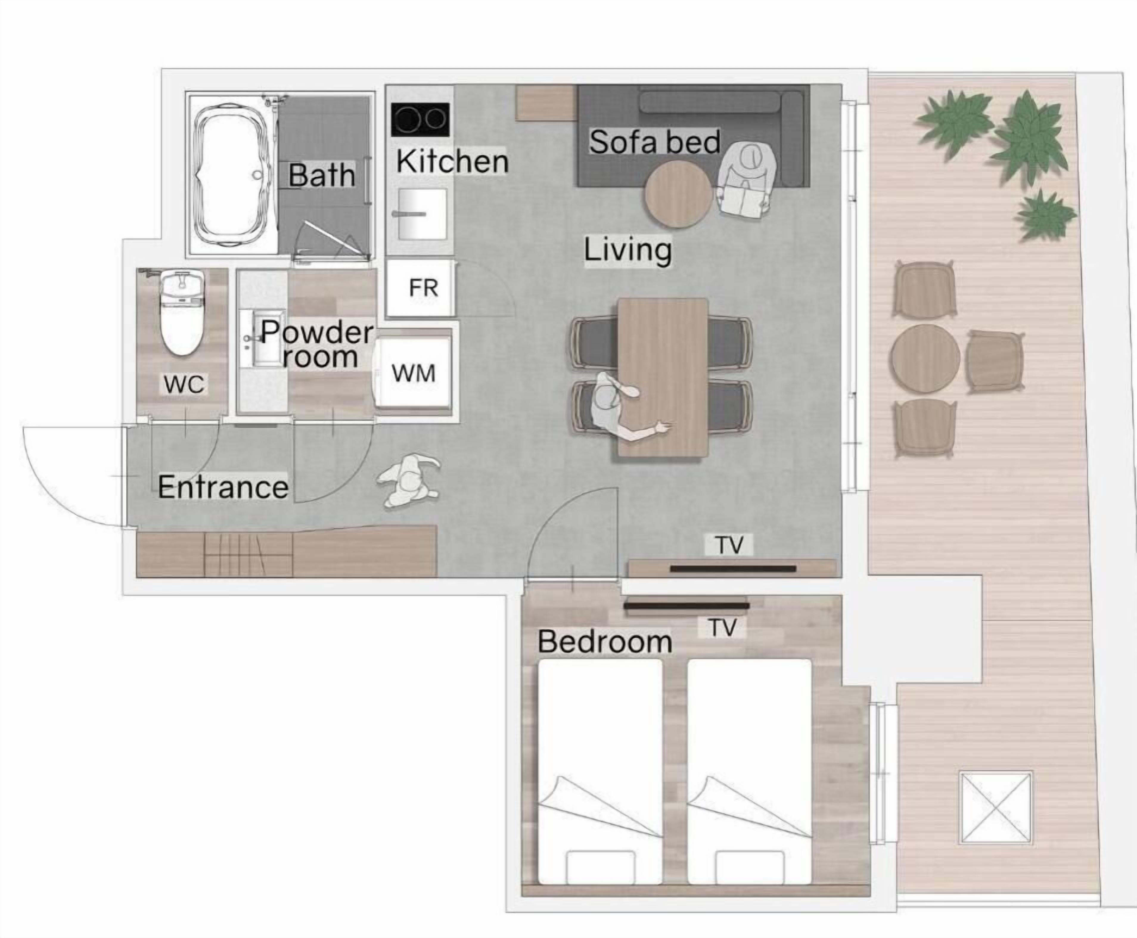 Plano de planta de una habitación de hotel con baño, cocina, aseo, sala de estar con sofá cama, televisión y dormitorio.