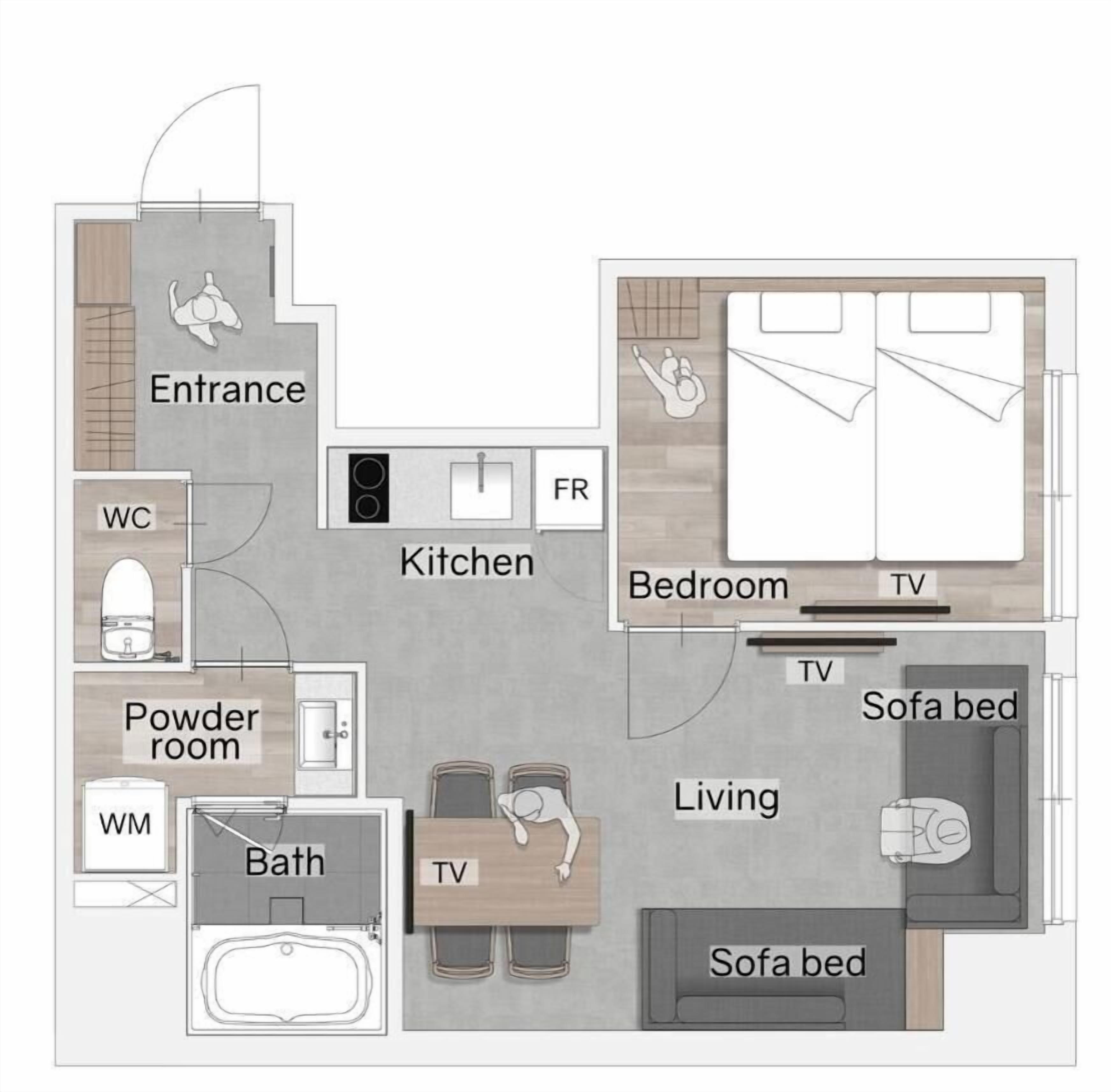 A floor plan of an apartment with an entrance, kitchen, bathroom, powder room, bedroom, living room, and two TV areas.