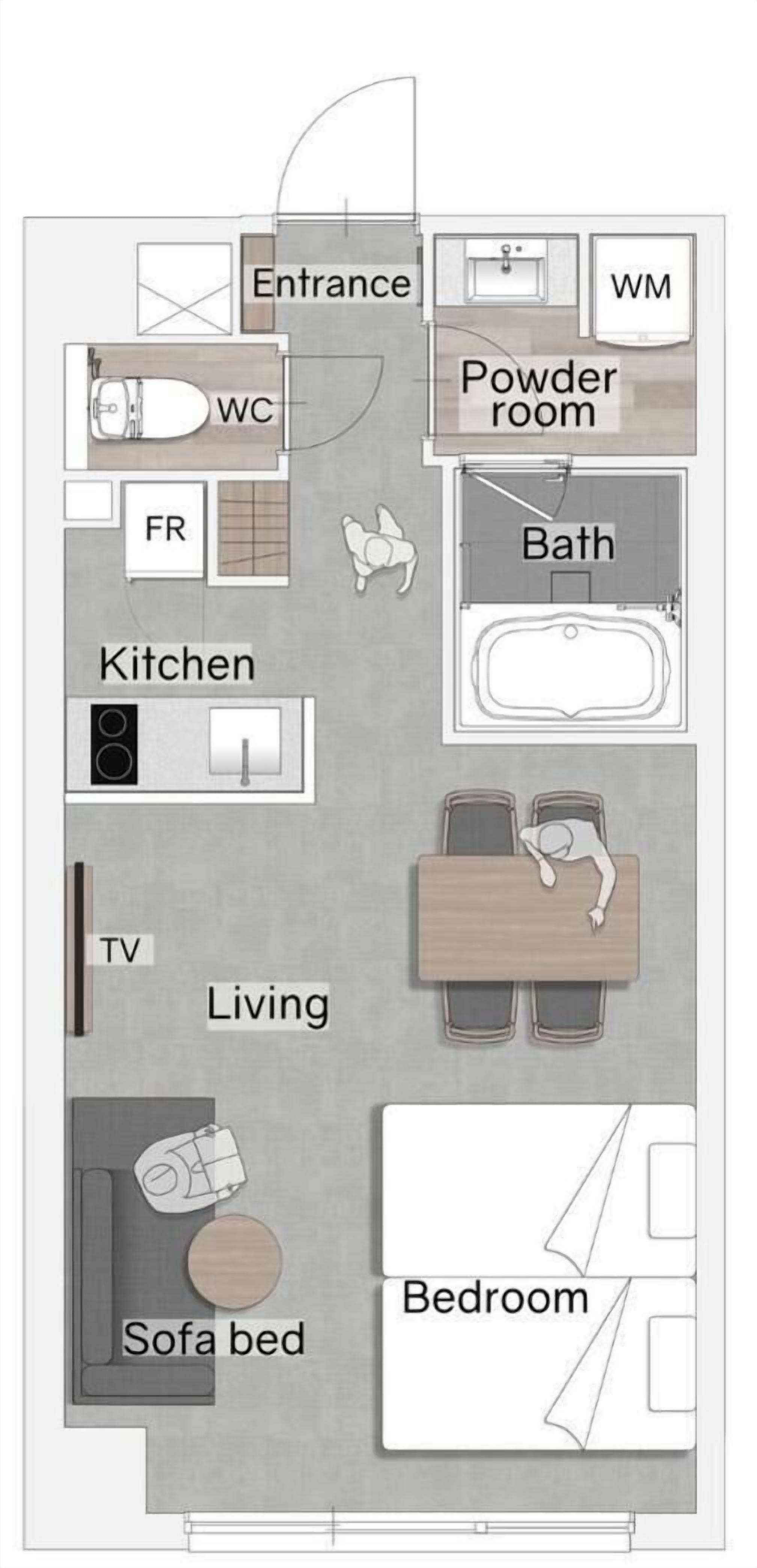 A floor plan of a hotel room with an entrance, powder room, WC, kitchen, living area with TV, sofa bed, and bedroom.