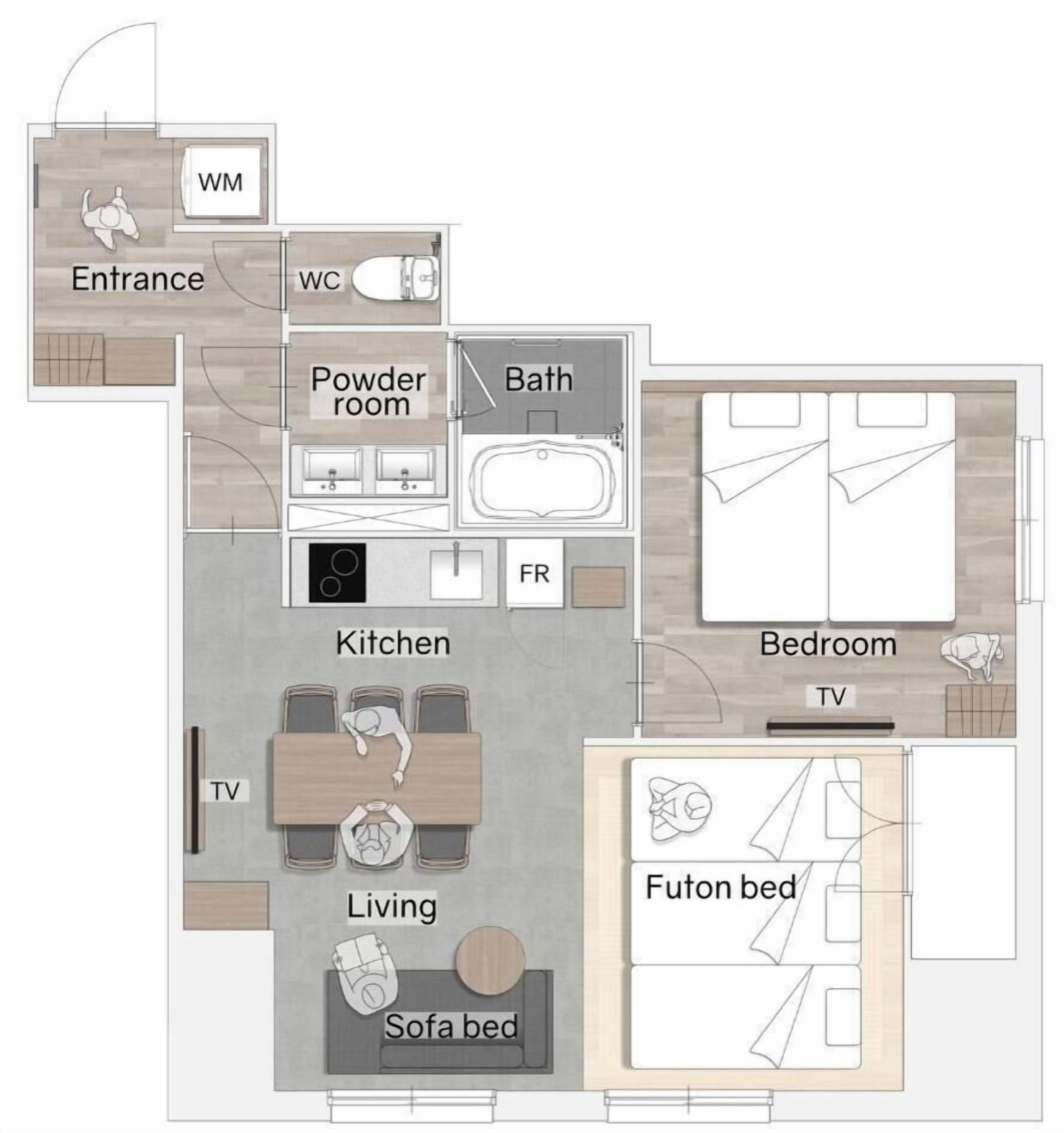 A floor plan of a compact apartment with a kitchenette, powder room, bathroom, bedroom, living area with TV, sofa bed, futon bed, and entrance.