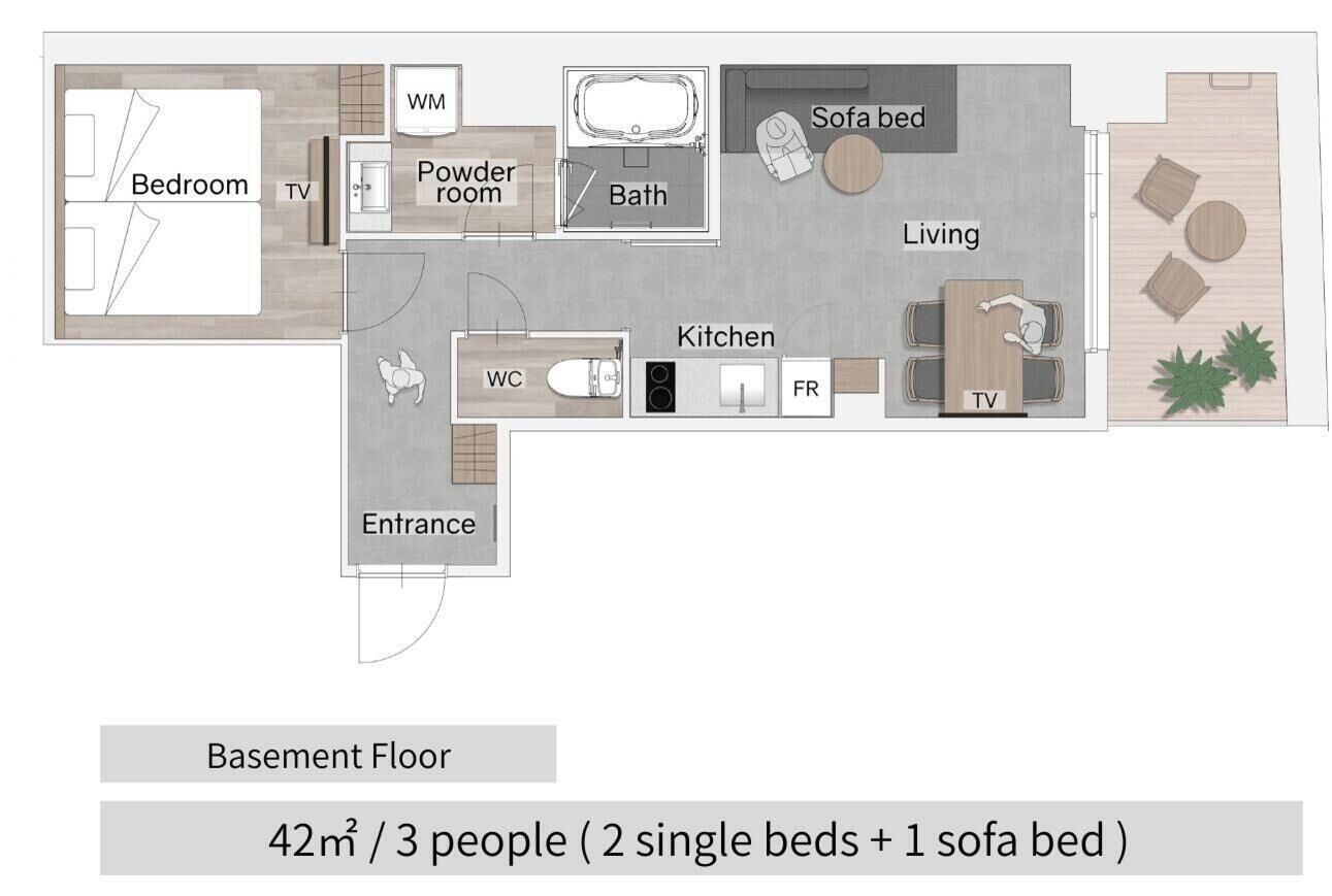 En lägenhet på 42 m² med planlösning som inkluderar 2 enkelsängar och 1 bäddsoffa, belägen på bottenvåningen.