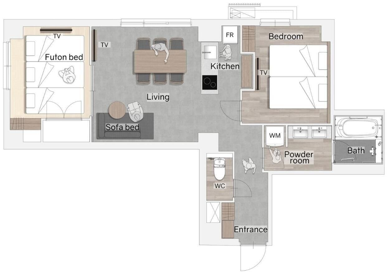 A hotel layout with a living room, futon bed, sofa bed, TV, kitchen, bedroom, powder room, bathroom, WC, and entrance.