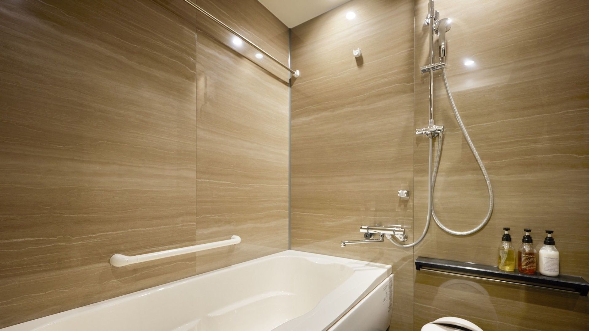 A modern bathroom with a bathtub, a shower, and a handrail.