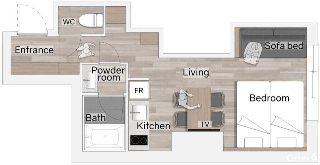 Un plan d’étage d’une chambre d’hôtel comprenant une entrée, des toilettes, une salle de bain, une cuisine, un espace de vie, un téléviseur, un canapé-lit et une chambre à coucher.