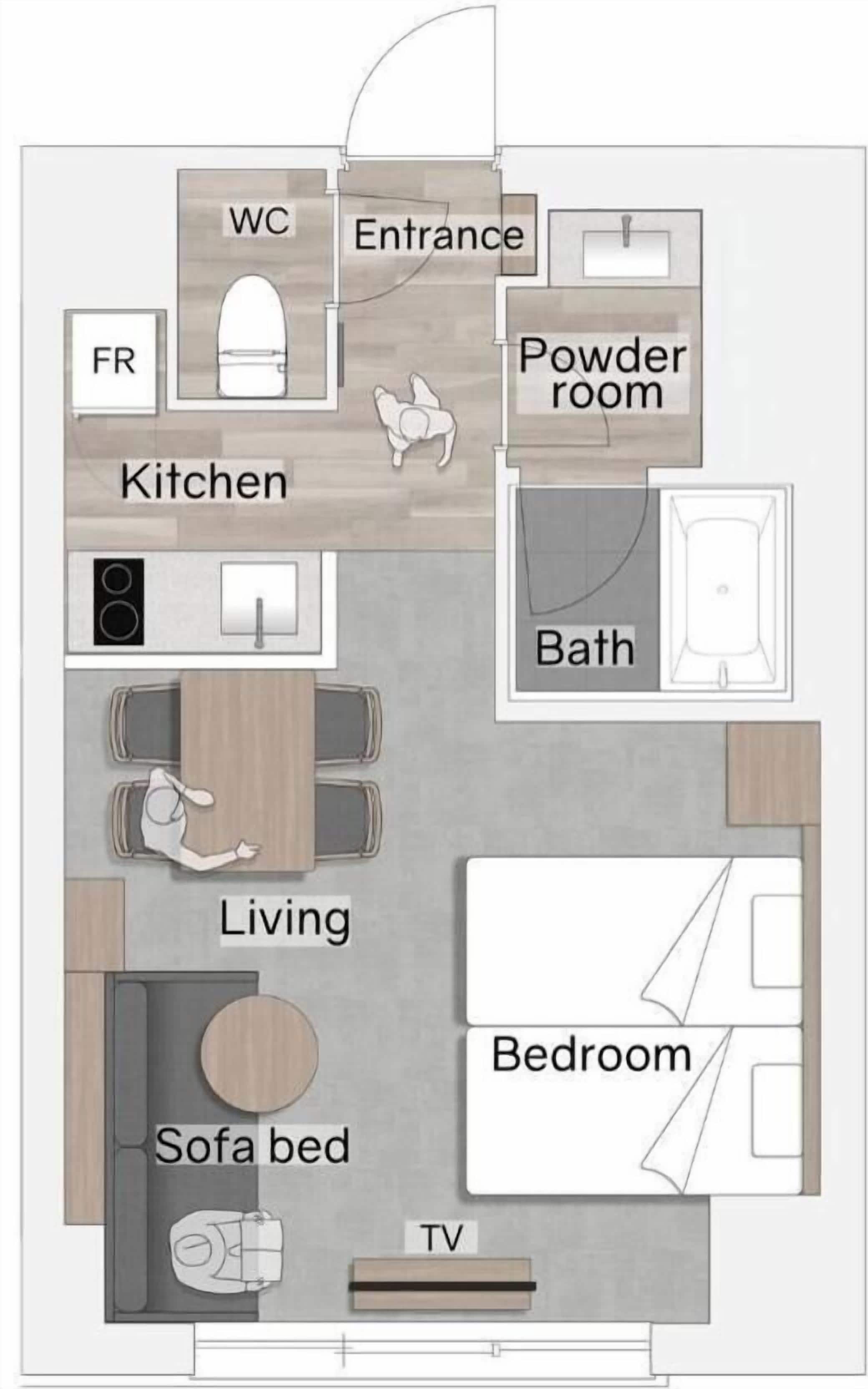 A floor plan of a studio apartment with a kitchenette, a powder room, a bathroom, a living area with a sofa bed, a bedroom, and a TV.