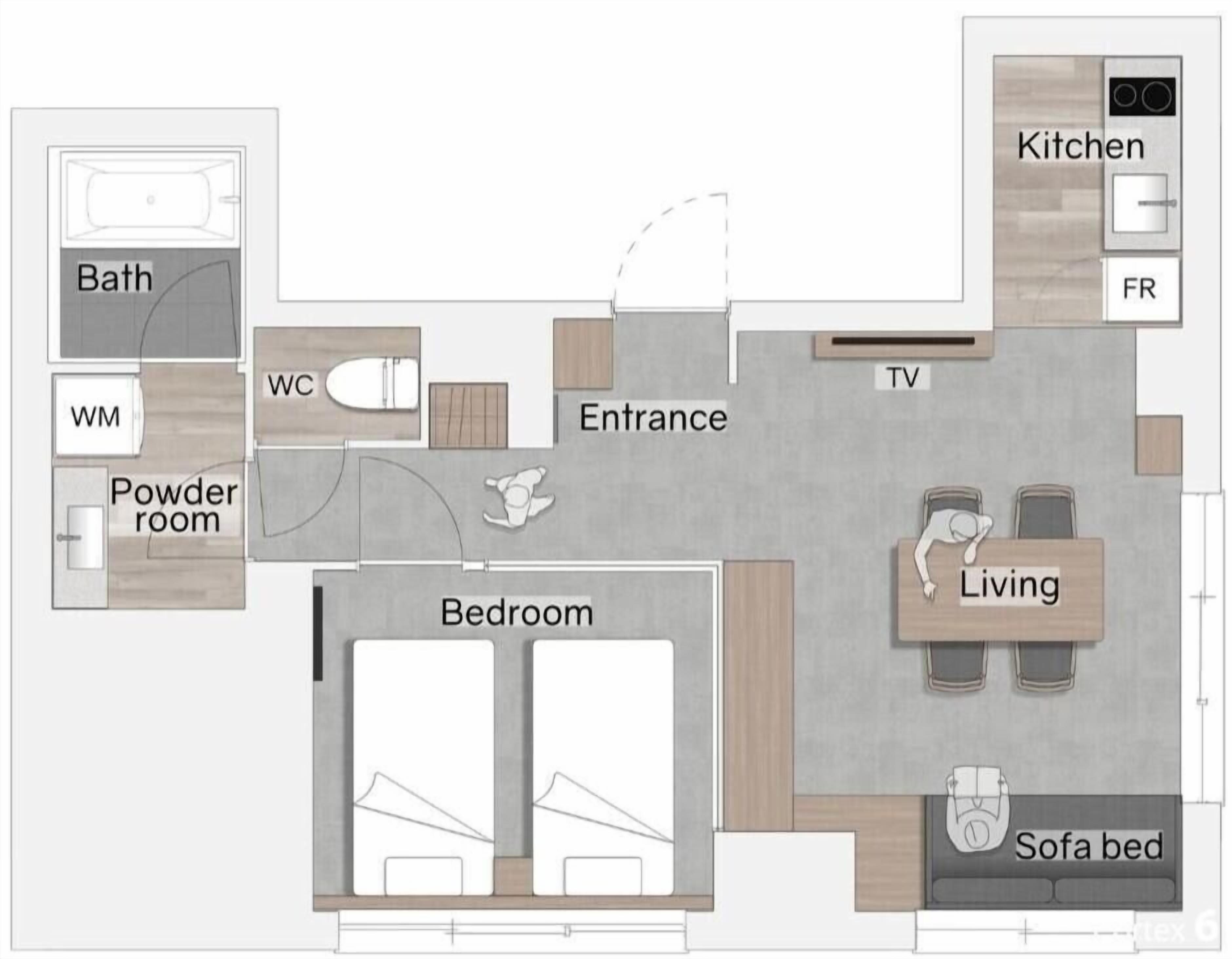 Planta baixa de um quarto de hotel com banheiro, lavabo, quarto, área de estar com sofá-cama e cozinha.