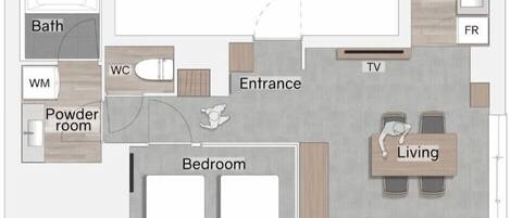 Planta baixa de um quarto de hotel com banheiro, lavabo, quarto, área de estar com sofá-cama e cozinha.