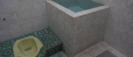Un baño con inodoro, bañera y zona de ducha.