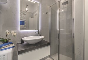 Shower, hair dryer, bidet, towels