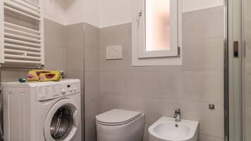 Shower, hair dryer, bidet, towels