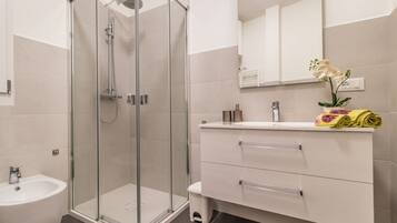Shower, hair dryer, bidet, towels