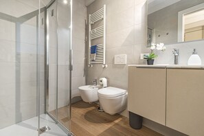 Shower, hair dryer, bidet, towels