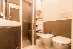 Shower, hair dryer, bidet, towels