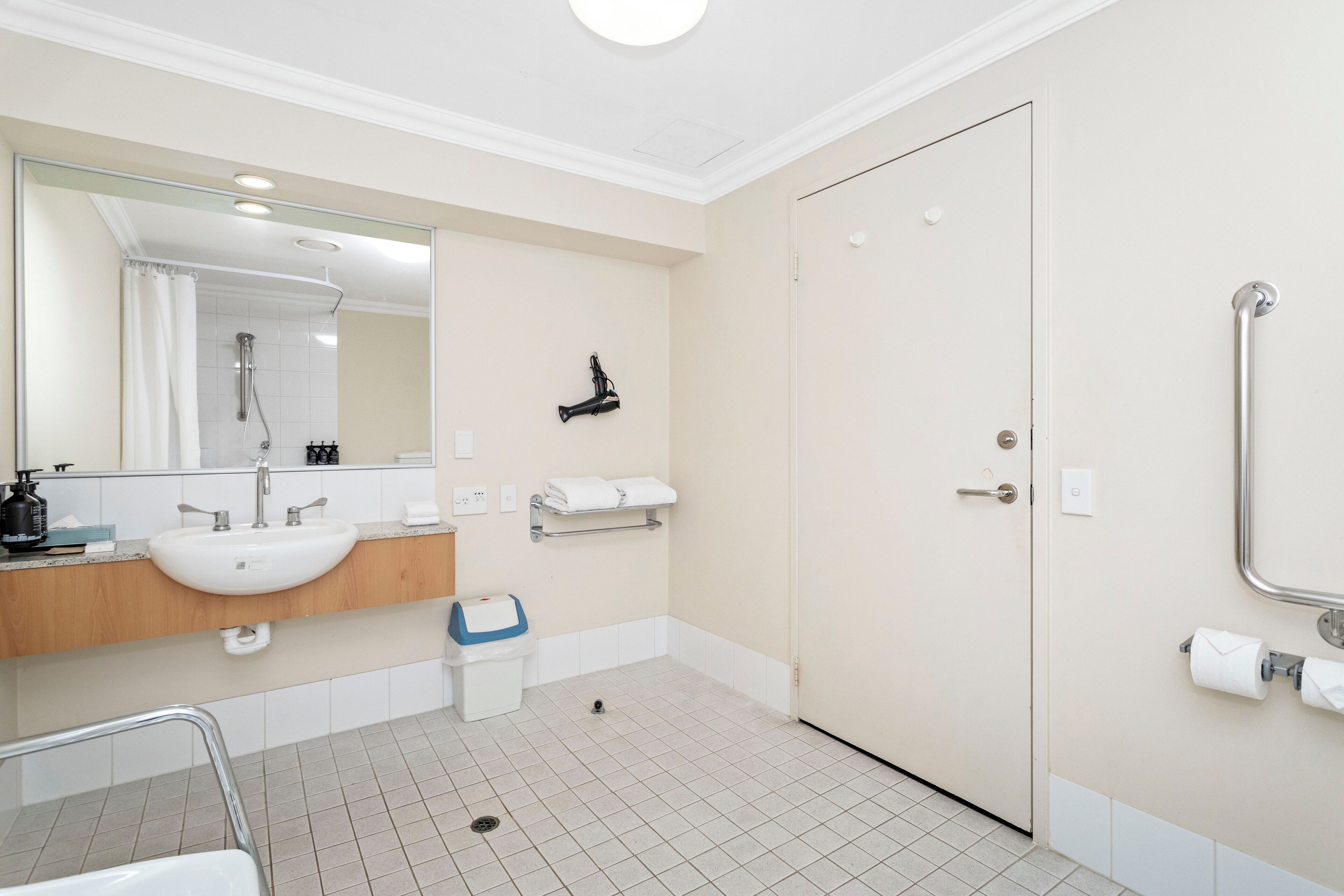 Hair dryer, towels, soap, shampoo