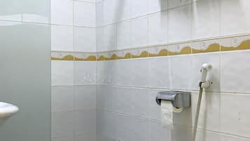 Shower, perlengkapan mandi gratis, handuk, dan tisu toilet
