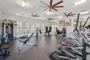 A gym with ceiling fans, treadmills, and exercise equipment. - Mountain Views, Poolside Bliss, PGA Golf & Spa (La Quinta)
