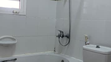 Shower, towels, toilet paper