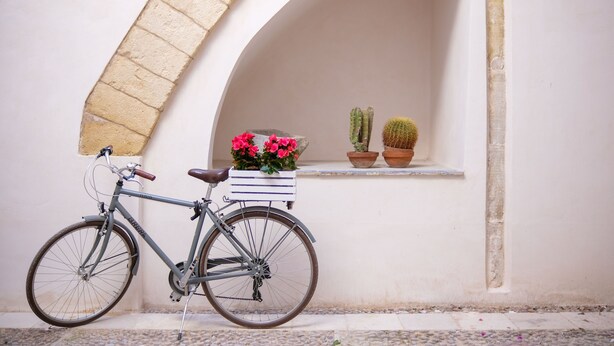 A bicycle parked against a white wall with an arched window, a planter with flowers, and two cacti. - Dimora SIQU (Menfi)