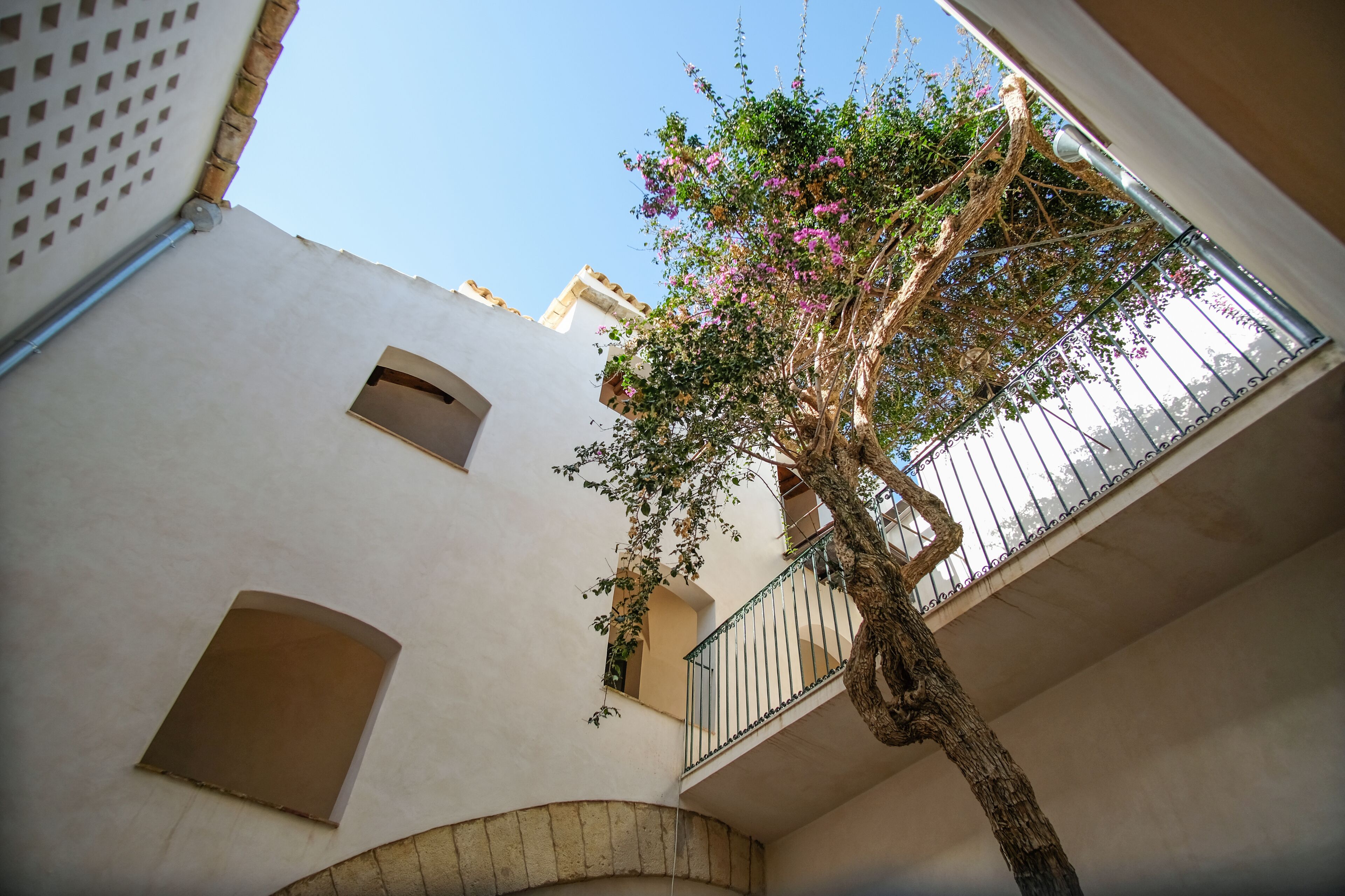En smal gårdsplads med et træ, en balkon og en bygningsfacade.