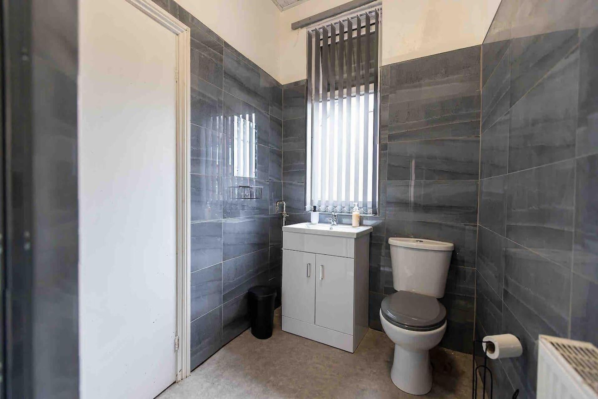 Un baño con paredes de azulejos oscuros, un lavamanos blanco y un inodoro.