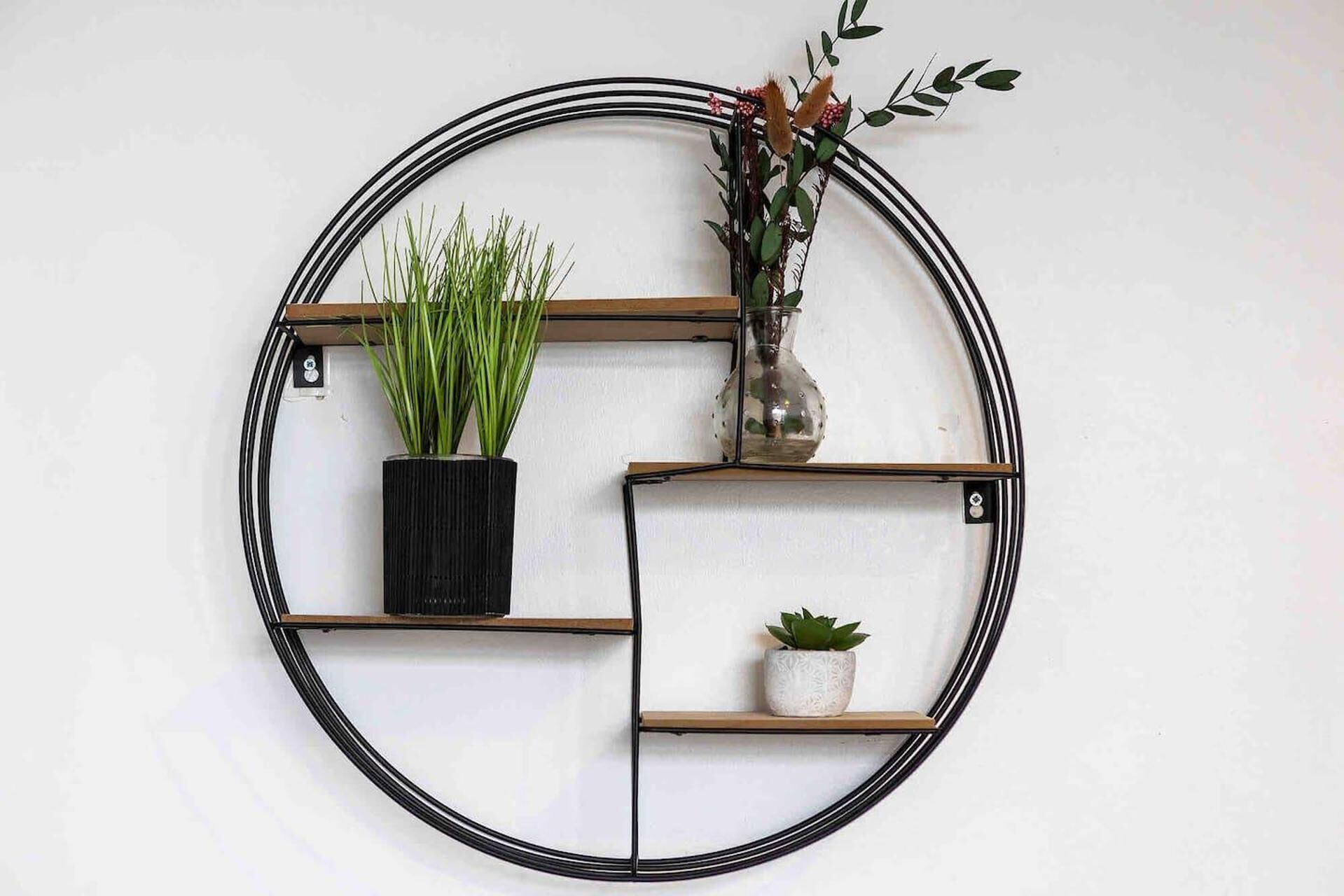 A circular wall-mounted shelf with three compartments, each holding a potted plant.
