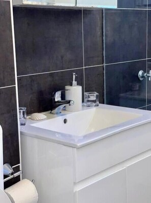 Bathroom features a large sink, dark tile walls, and a glass shower enclosure.