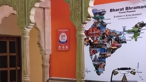 A travel planner poster with a map of India, a vintage telephone, and a sign for Hotel Sohandeep. - Hotel Sohandeep (Jaisalmer)