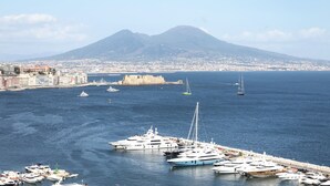 Un port de plaisance où sont amarrés de nombreux yachts, une vue sur la ville côtière et une montagne imposante en arrière-plan.