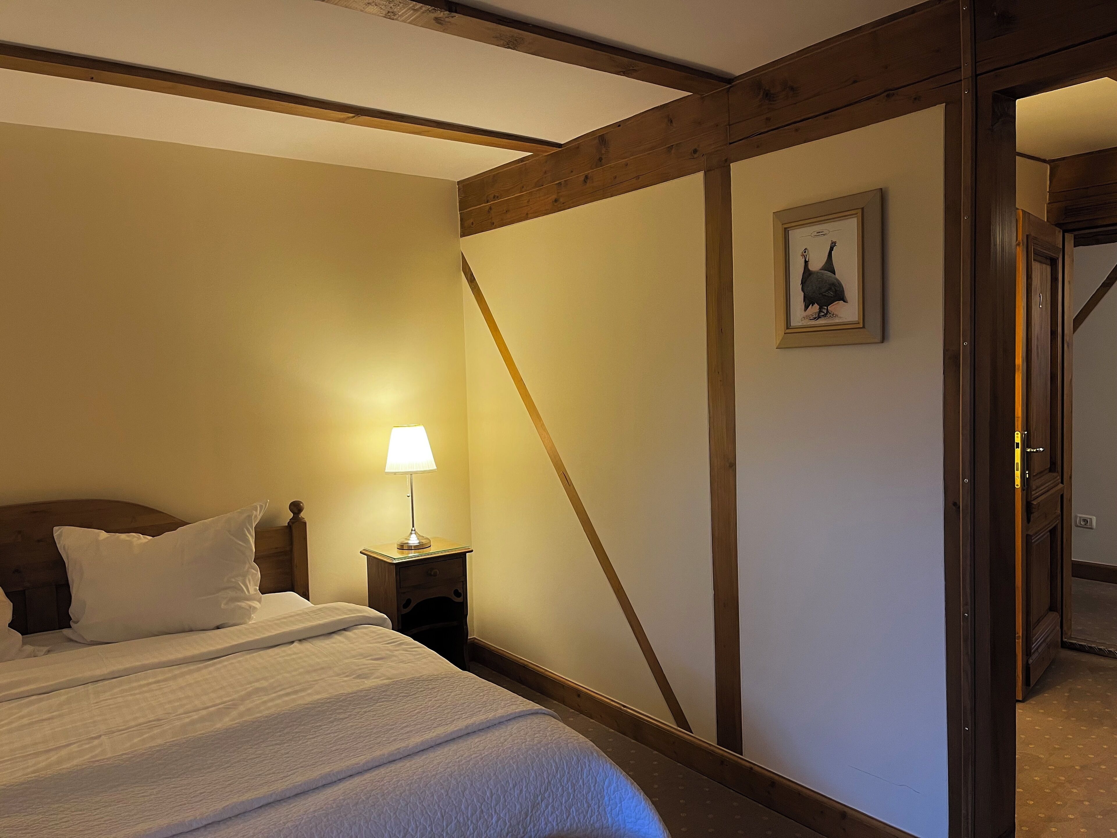 A bedroom with a bed, a nightstand with a lamp, a wooden ceiling beam, a framed picture on the wall, and a door leading to another room.