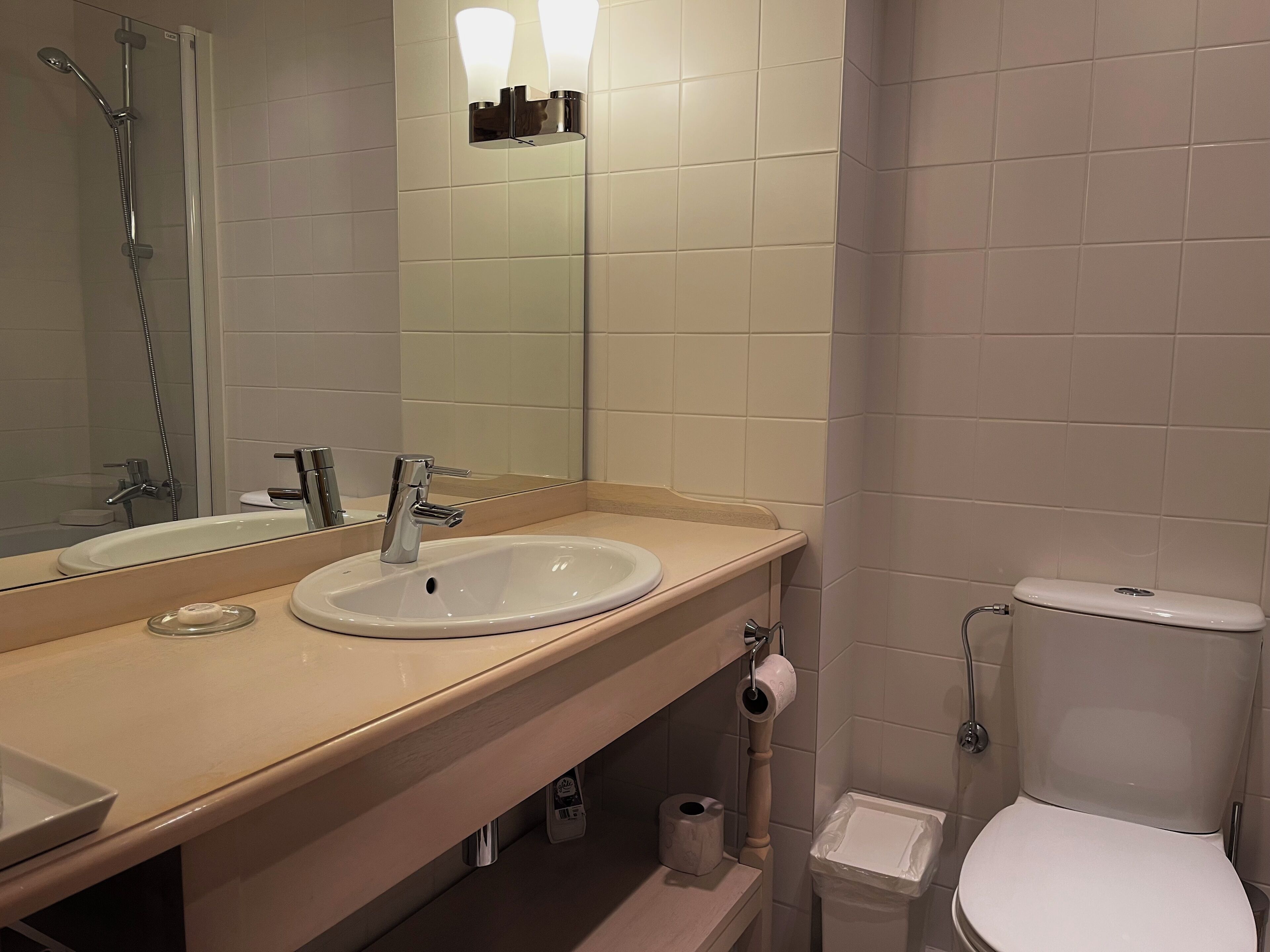 Une salle de bain équipée d’un lavabo, d’un miroir, de toilettes et d’une douche.