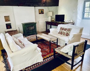 TV connectée, cheminée, écrans d'ordinateur