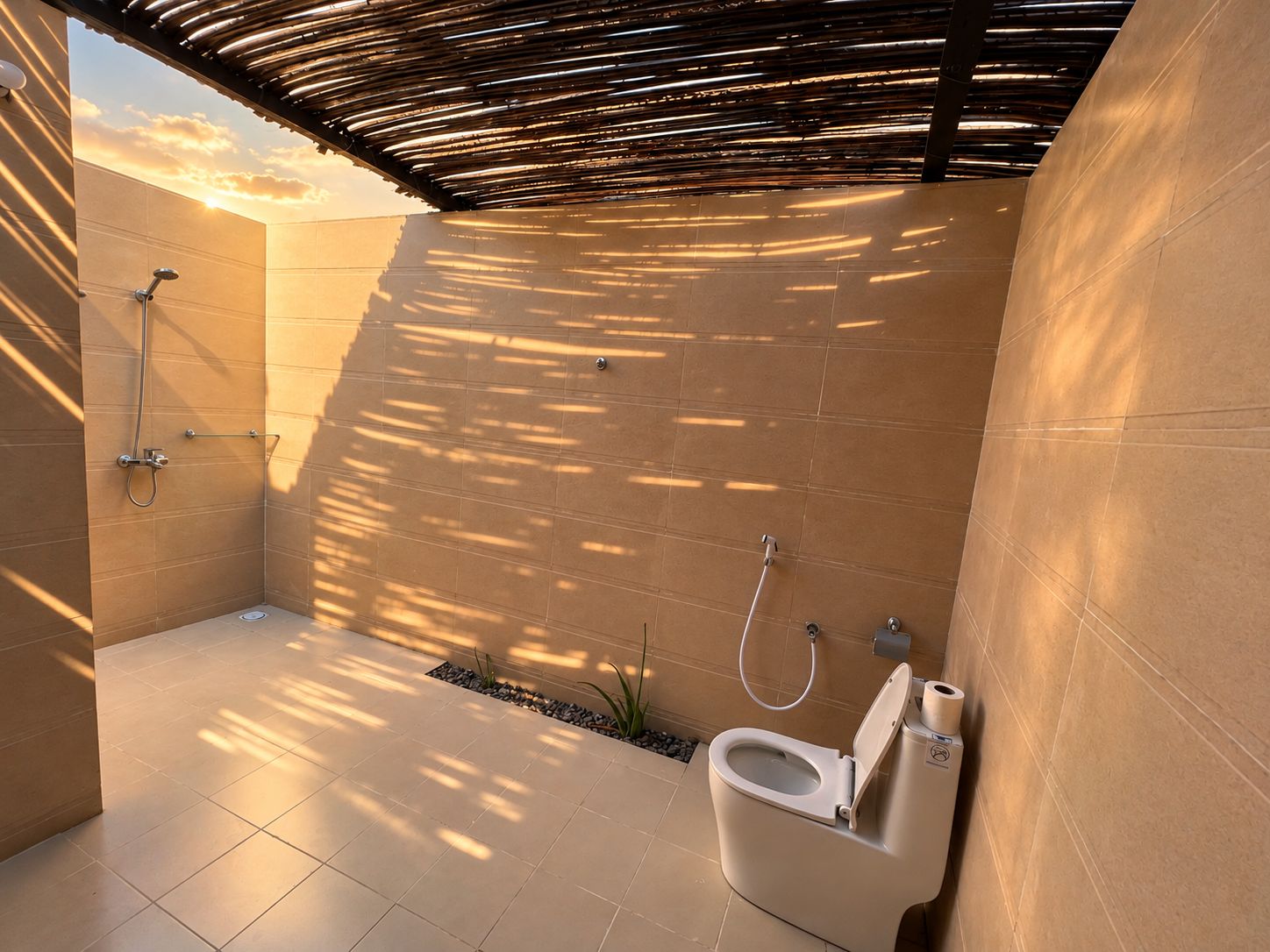 A modern bathroom with a shower, toilet, and a sunlit wall.