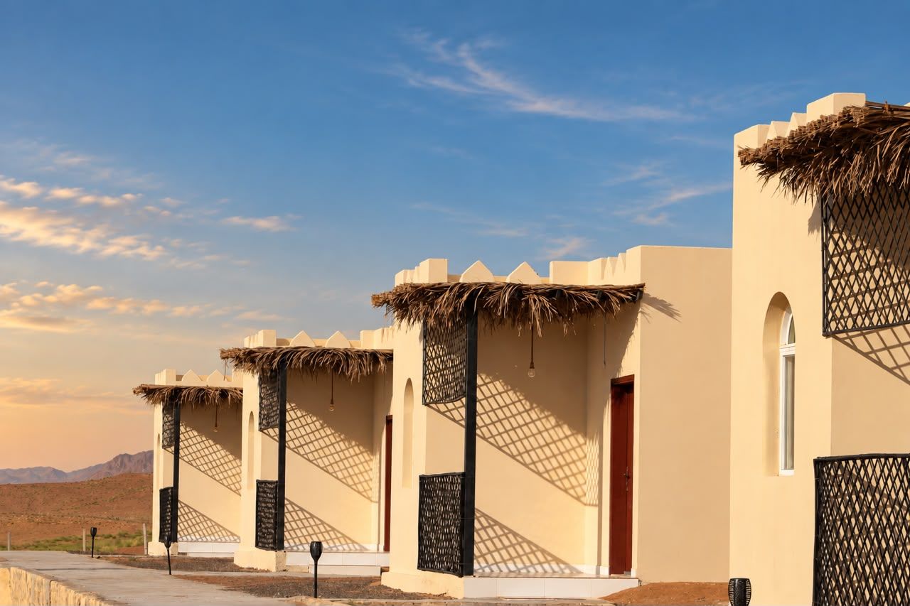 Una hilera de edificios de estilo tradicional con techos de paja y celosías, con el desierto de fondo.