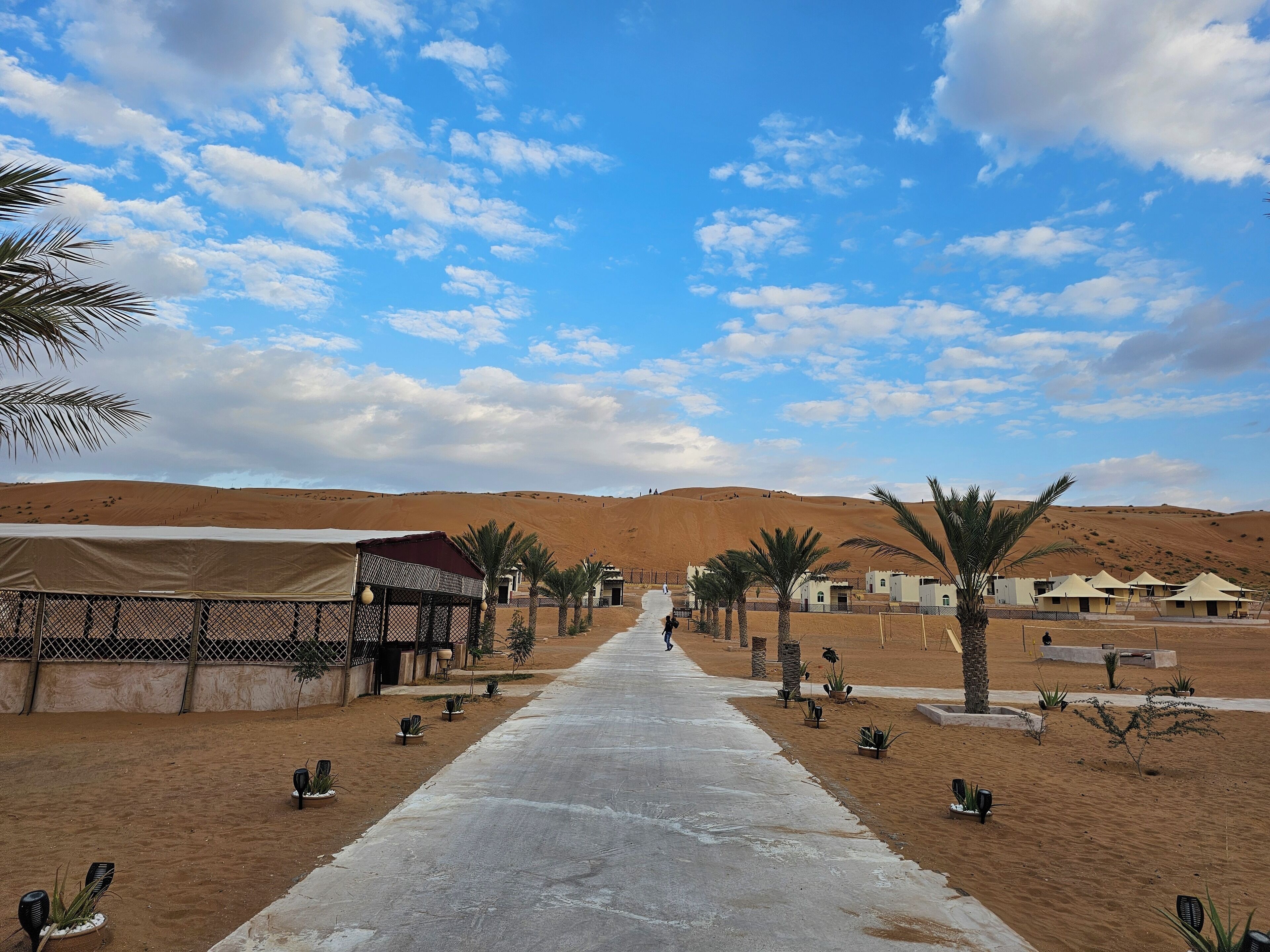 Un resort en el desierto con un camino pavimentado que lleva a varias tiendas de campaña, palmeras y un cielo despejado.
