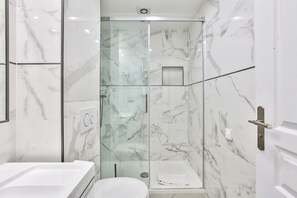 Shower, hair dryer, towels