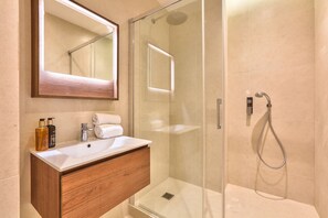 Shower, hair dryer, towels