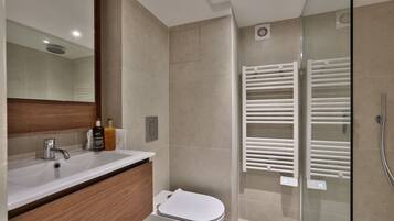 Shower, hair dryer, towels