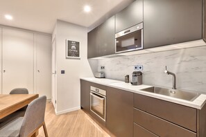 Fridge, microwave, oven, dishwasher