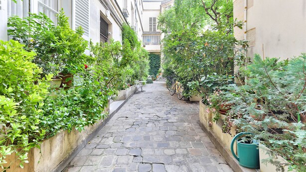 A narrow cobblestone alley flanked by lush greenery and buildings with shutters.