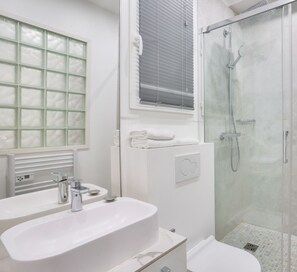 Shower, hair dryer, towels