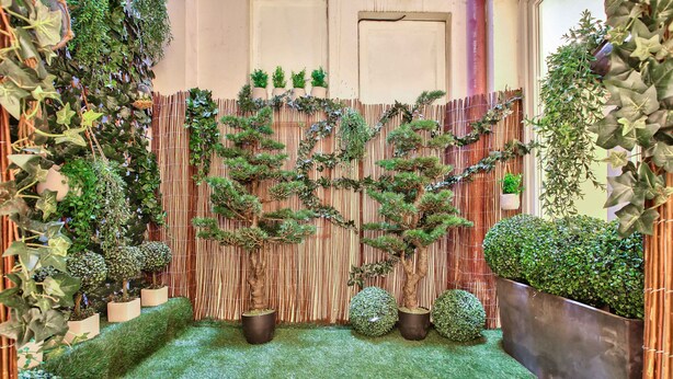 A garden with a bamboo fence, various potted plants, and a small tree. - UrbanFlat 64 - Urban Luxury Flat near Champs-Elysées (París)