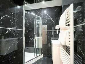 Shower, hair dryer, towels